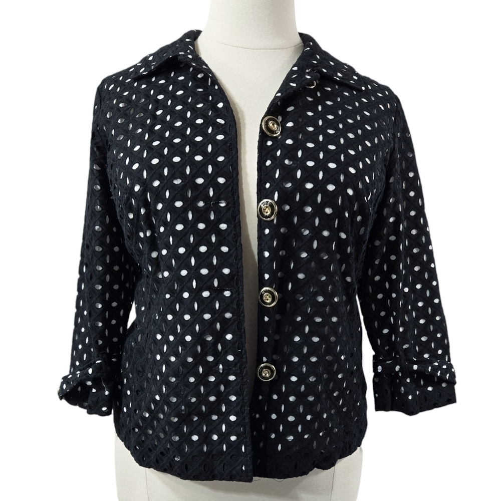 Charter Club 100% Cotton Black White Eyelet Cutout Lightweight Button-Up Jacket